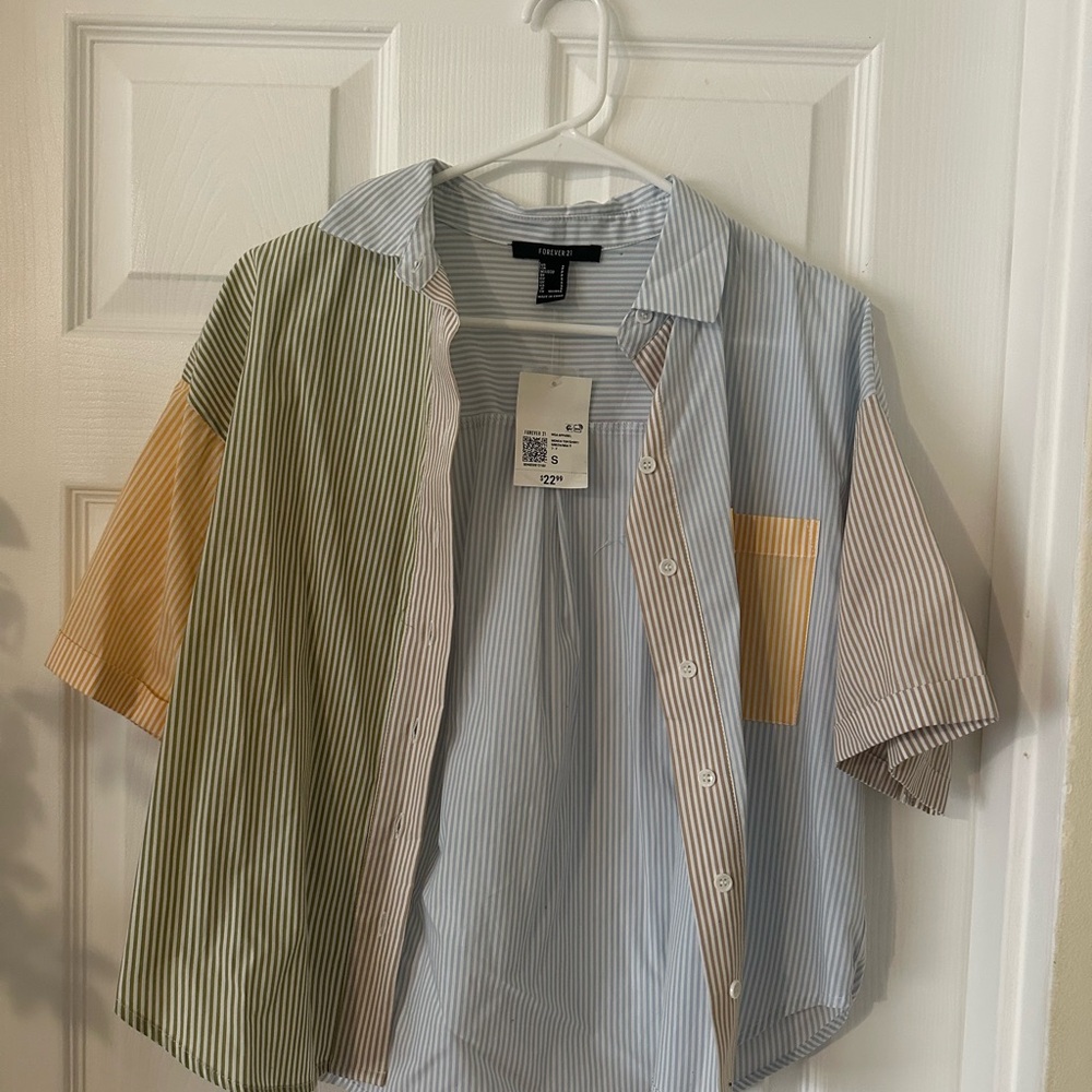 Forever 21 Striped Colorblock Short-Sleeve Button-Down in Blue, Green & Yellow